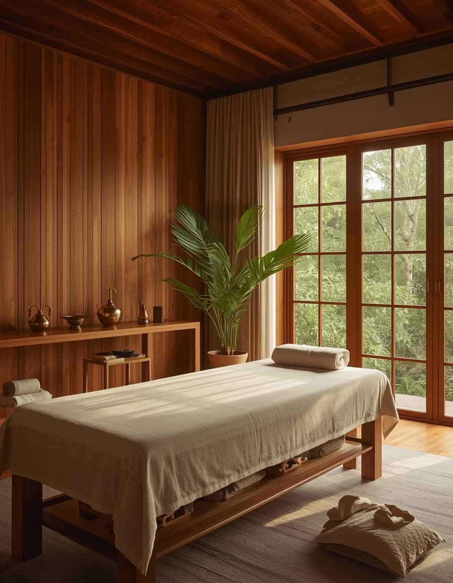 Calm, clinically equipped Ayurvedic treatment room at Sanyom
