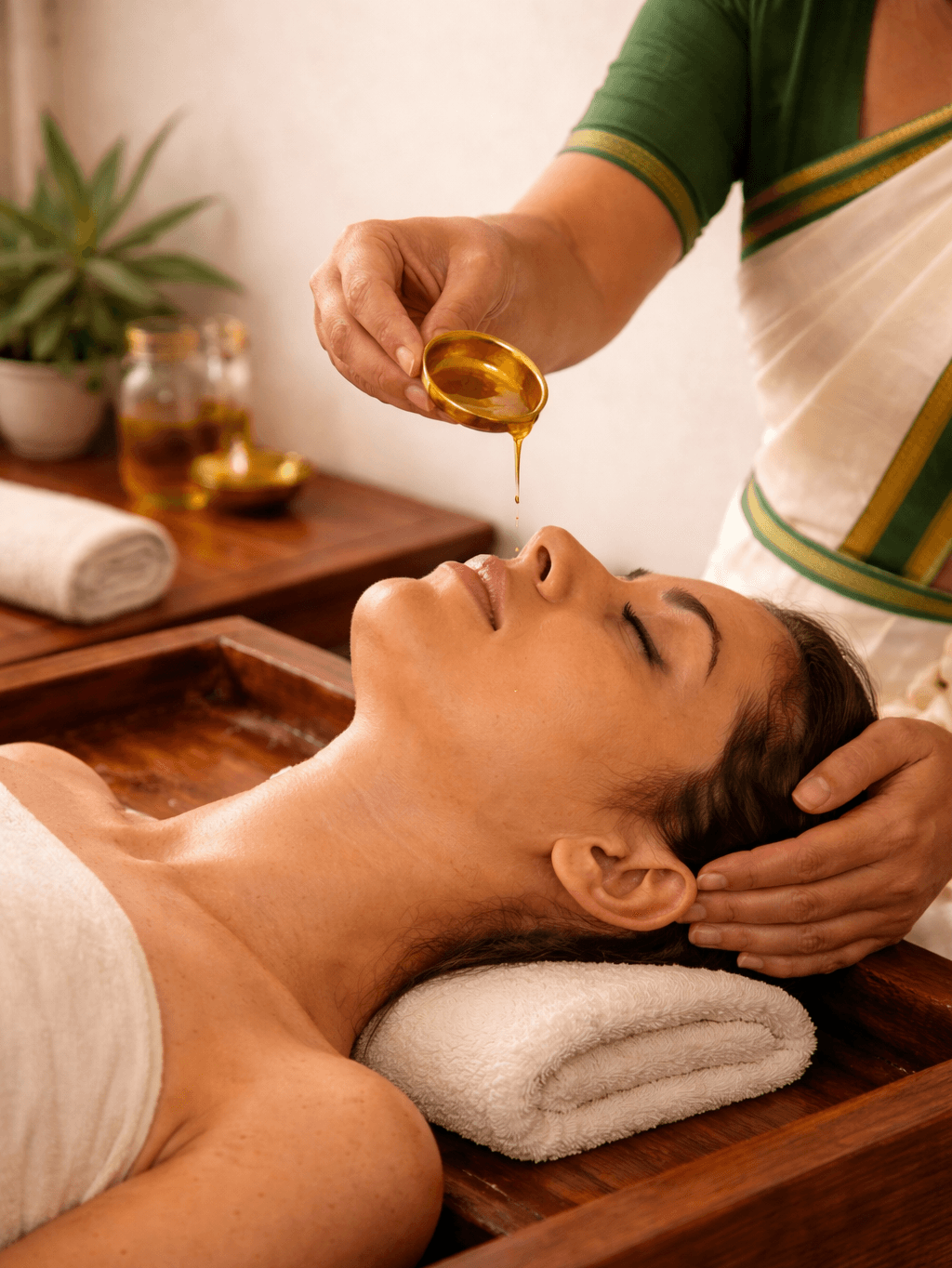 Nasya Panchakarma therapy — nasal administration of medicated herbal oils