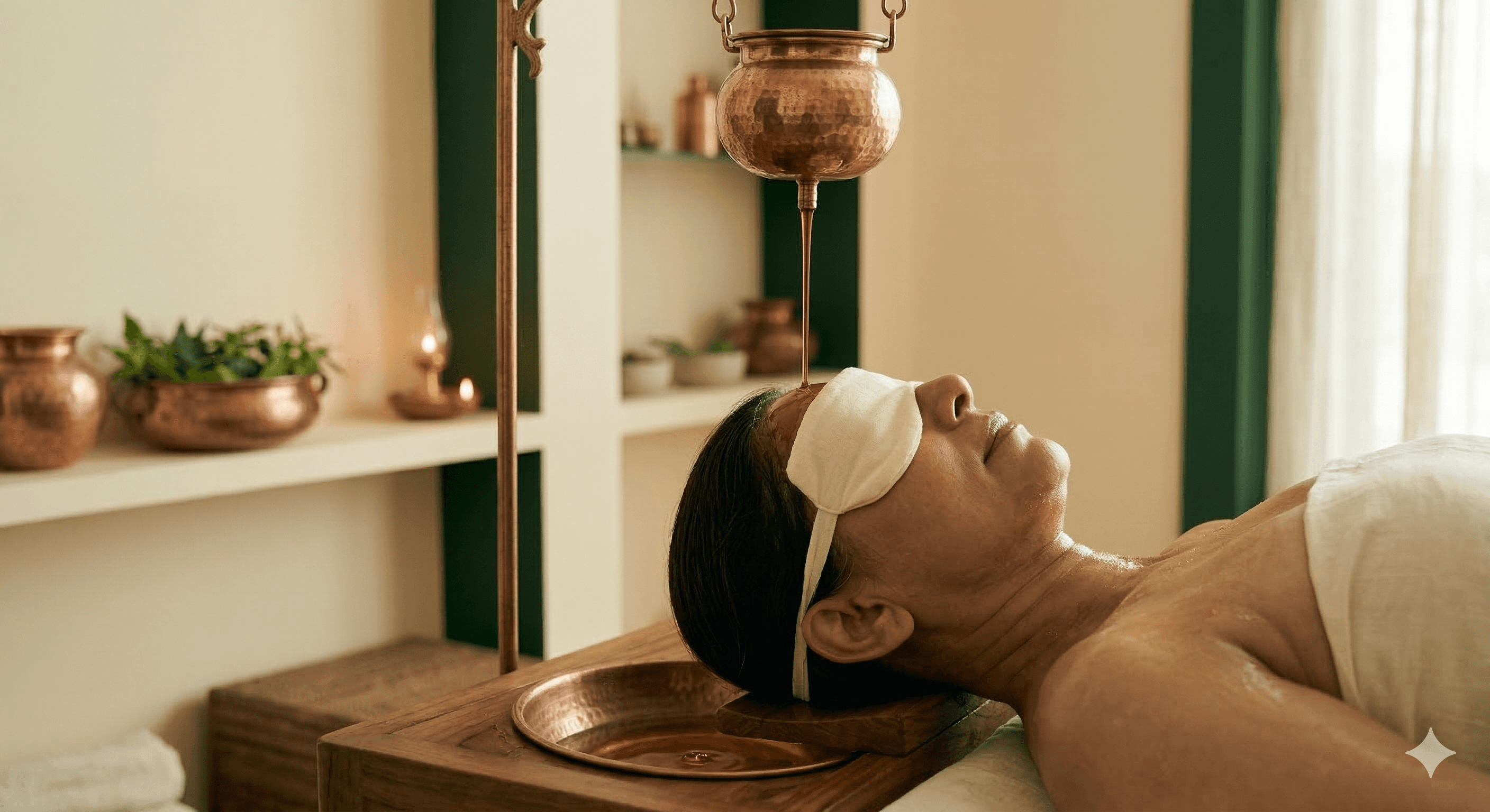 Shirodhara specialized Ayurvedic therapy with warm oil stream on forehead